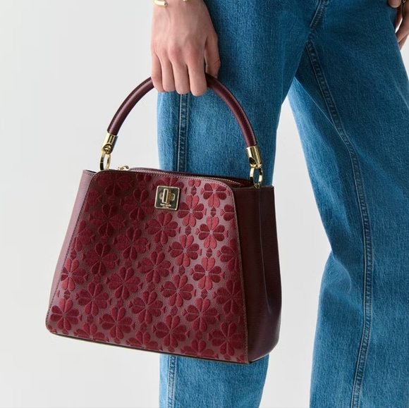 Kate Spade Spade Flower Embroidered Top Handle Satchel, Dark Merlot - Picture 2 of 5